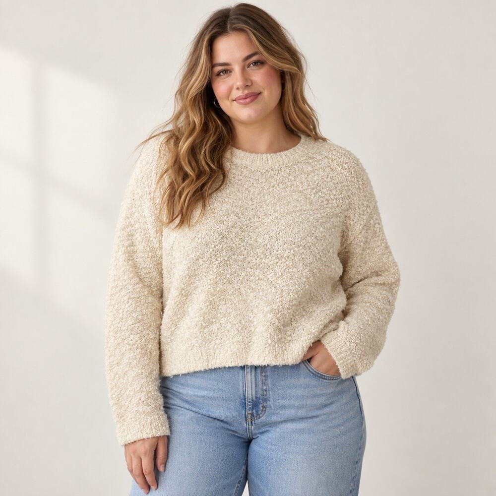Aerie Women’s XL Cream Boucle Teddy Knit Cropped Sweater Cozy Coastal Neutral